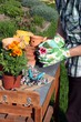 Gärtner mit Gartenhandschuhen am Pflanztisch