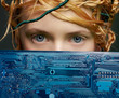 beautiful woman with motherboard