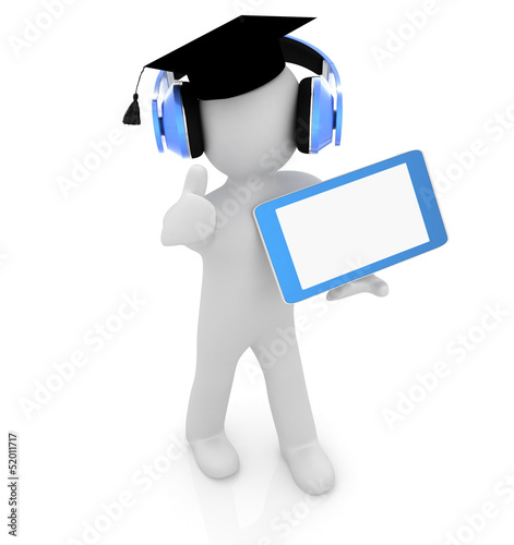 Illustration: 3d white man in a grad hat, tablet pc - best gift a student 3d white man in a grad hat, tablet pc - best gift a student