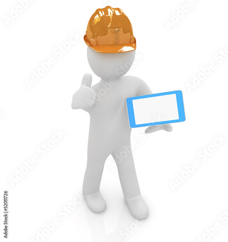 Illustration: 3d white man in a hard hat with thumb up and tablet pc 3d white man in a hard hat with thumb up and tablet pc
