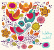Cute birds on branch. Greeting card