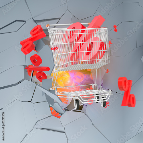 Illustration: Einkaufswagen bricht durch Voronoi-Diagramm Struktur 3D Einkaufswagen bricht durch Voronoi-Diagramm Struktur 3D