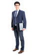 Business man pointing to white background