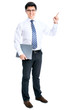 Business man pointing to white background