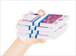 man hand with euro bills over white background