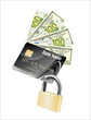 Money credit card and padlock. Concept of a safe payment