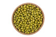 Raw mung beans in wooden bowl isolated on white