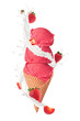 Ice cream with milk splash and pieces of fruit on white backgrou