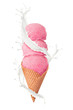 Ice cream with milk splash, isolated on white background