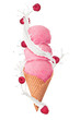 Ice cream with milk splash and pieces of fruit on white backgro