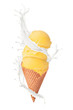 Ice cream with milk splash, isolated on white background