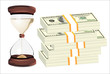 Time is money. Hourglass on hundred-dollar bills
