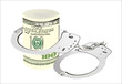 Many dollar bills with handcuffs. isolated on white