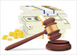 Gavel and money stack isolated on white