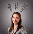 Young lady thinking with question marks overhead