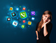 Young woman calling by phone with various icons