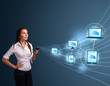 Pretty lady typing on smartphone with cloud computing