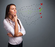 Photo: Young woman choosing between right and wrong signs Young woman choosing between right and wrong signs