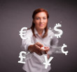 Young lady throwing currency icons