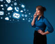 Foto: Young lady making phone call with message icons Young lady making phone call with message icons