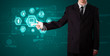 Businessman pressing virtual media type of buttons