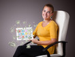 young woman holding tablet with money