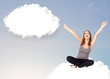 Young girl sitting on cloud and thinking of abstract speech bubb
