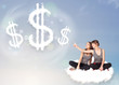 Photo: Young women sitting on cloud next to cloud dollar signs Young women sitting on cloud next to cloud dollar signs