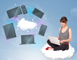 Photo: Young girl sitting on cloud enjoying cloud network service Young girl sitting on cloud enjoying cloud network service