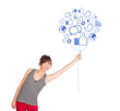 Foto: Happy lady holding social icon balloon Happy lady holding social icon balloon