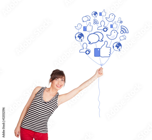 Photo: Happy lady holding social icon balloon Happy lady holding social icon balloon