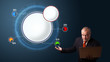 Photo: businessman holding a laptop and presenting abstract modern pie businessman holding a laptop and presenting abstract modern pie
