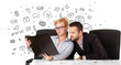 Photo: Businessman and businesswoman with all kind of hand-drawn icons Businessman and businesswoman with all kind of hand-drawn icons