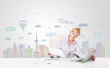 Pretty businesswoman with colorful city sky-scape background