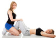 Two women doing fitness exercise isolated