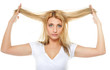Damaged dry woman hair, unhappy hairy girl.