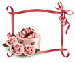 Holiday background with three roses and gift box and ribbon. Vec
