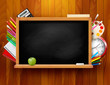 Blackboard with school supplies on wooden background. Vector