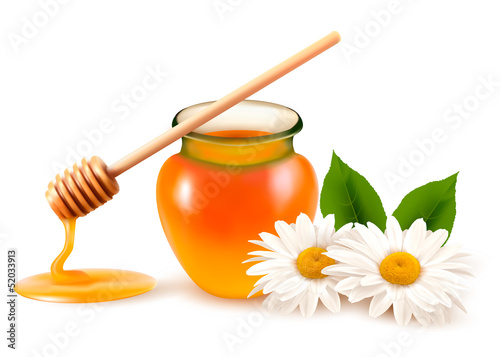 Vector: Jar of honey and a dipstick with flower. Vector. Jar of honey and a dipstick with flower. Vector.