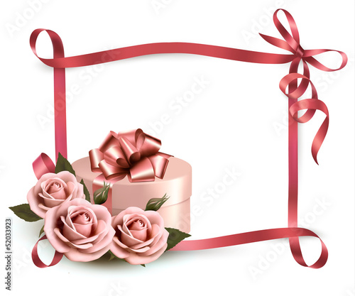Vector: Holiday background with three roses and gift box and ribbon. Vec Holiday background with three roses and gift box and ribbon. Vec