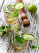 Summer drinks on vintage wooden background