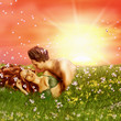 Loving fairy couple in grass, spring
