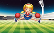 A stadium with an energetic cheerdancer