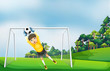 A boy in a yellow uniform catching the ball