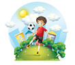 A soccer player practicing near the high buildings