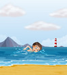 A kid swimming at the beach with a lighthouse
