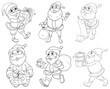 Different drawings of Santa Claus giving gifts