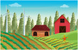 A farm with windmills and two wooden houses