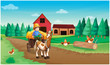 A farm with a farmer and his pets