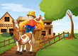 A farmer riding in a carriage with a chicken at the back